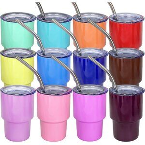 New 4 Pc- 3 oz. Mini Tumbler Shot Glasses with Straw & Lid - Random Colors
